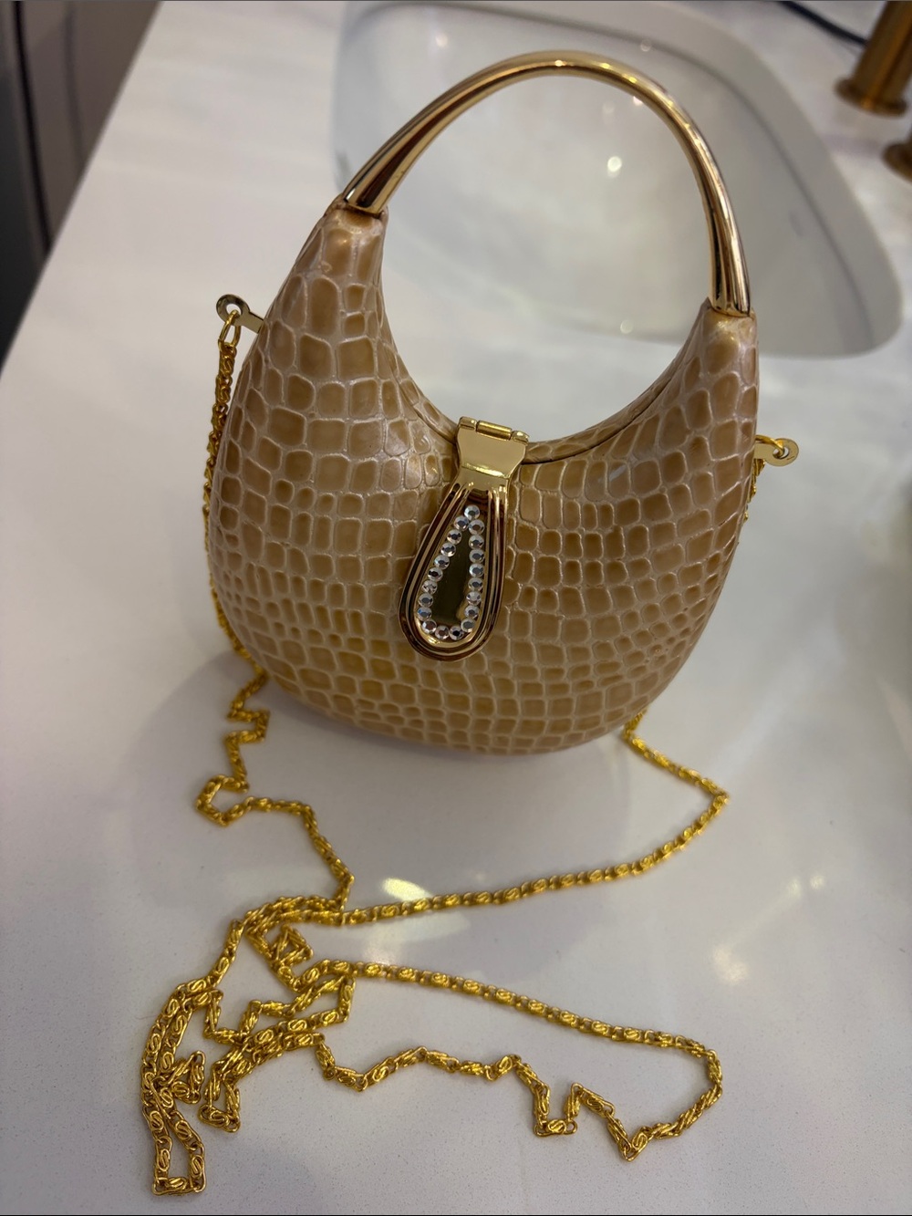 Beige Croc-Texture Mini Shoulder Bag with Gold Hardware